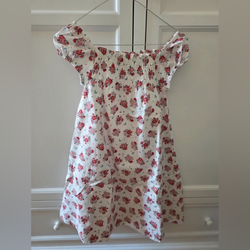 White Floral Smocked Mini Dress with Red Print